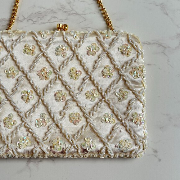 Vintage Cream Convertible Clutch Evening Bag With Sequins & Beads Hand Made - Picture 2 of 11